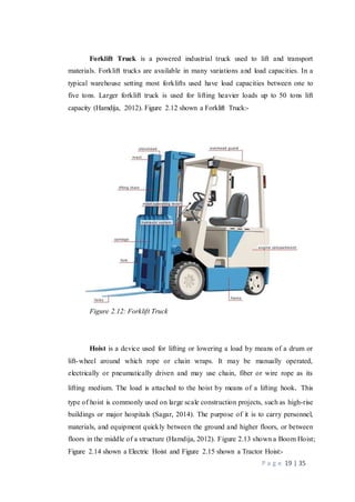 P a g e 19 | 35
Forklift Truck is a powered industrial truck used to lift and transport
materials. Forklift trucks are available in many variations and load capacities. In a
typical warehouse setting most forklifts used have load capacities between one to
five tons. Larger forklift truck is used for lifting heavier loads up to 50 tons lift
capacity (Hamdija, 2012). Figure 2.12 shown a Forklift Truck:-
Figure 2.12: Forklift Truck
Hoist is a device used for lifting or lowering a load by means of a drum or
lift-wheel around which rope or chain wraps. It may be manually operated,
electrically or pneumatically driven and may use chain, fiber or wire rope as its
lifting medium. The load is attached to the hoist by means of a lifting hook. This
type of hoist is commonly used on large scale construction projects, such as high-rise
buildings or major hospitals (Sagar, 2014). The purpose of it is to carry personnel,
materials, and equipment quickly between the ground and higher floors, or between
floors in the middle of a structure (Hamdija, 2012). Figure 2.13 shown a Boom Hoist;
Figure 2.14 shown a Electric Hoist and Figure 2.15 shown a Tractor Hoist:-
 