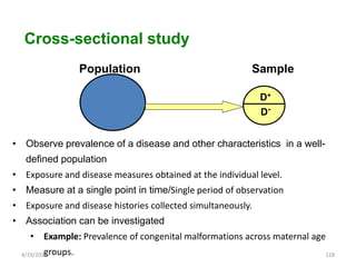 Cross-sectional study
D+
D-
Population Sample
• Observe prevalence of a disease and other characteristics in a well-
defined population
• Exposure and disease measures obtained at the individual level.
• Measure at a single point in time/Single period of observation
• Exposure and disease histories collected simultaneously.
• Association can be investigated
• Example: Prevalence of congenital malformations across maternal age
groups. 128
4/19/2024
 