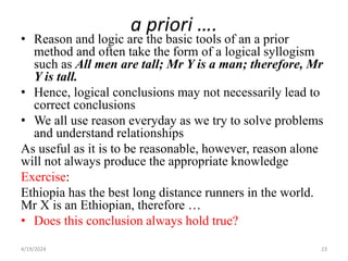 a priori ….
• Reason and logic are the basic tools of an a prior
method and often take the form of a logical syllogism
such as All men are tall; Mr Y is a man; therefore, Mr
Y is tall.
• Hence, logical conclusions may not necessarily lead to
correct conclusions
• We all use reason everyday as we try to solve problems
and understand relationships
As useful as it is to be reasonable, however, reason alone
will not always produce the appropriate knowledge
Exercise:
Ethiopia has the best long distance runners in the world.
Mr X is an Ethiopian, therefore …
• Does this conclusion always hold true?
23
4/19/2024
 