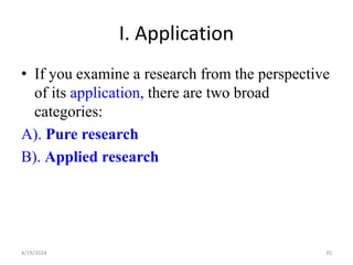 I. Application
• If you examine a research from the perspective
of its application, there are two broad
categories:
A). Pure research
B). Applied research
35
4/19/2024
 