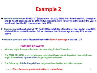 Example 2
► Problem situation: In district “Z” (population 100,000) there are 2 health centers, 1 hospital
and 15 health stations and all of them function smoothly. However, at the end of the year it
was found that the EPI coverage was only 25%.
► Discrepancy: Although district “Z ” had 100% availability of health services and at least 80%
of the children should have had full vaccinations the EPI coverage was only 25% as seen
above.
►Problem question: What factors influence the low EPI coverage in district “Z”?
Possible answers:
• Mothers might have problems for not attending in the EPI sessions.
• The MCH, EPI, OPD, etc… programmes might not have been integrated; hence children
might have missed opportunities in getting immunization.
• The follow up of defaulting children might not be effective and other reasons.
Thus, the above problem situation is researchable. 70
4/19/2024
 