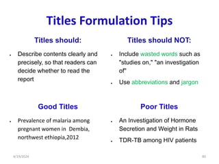 Titles Formulation Tips
Titles should: Titles should NOT:
 Describe contents clearly and
precisely, so that readers can
decide whether to read the
report
 Include wasted words such as
"studies on," "an investigation
of"
 Use abbreviations and jargon
Good Titles Poor Titles
 Prevalence of malaria among
pregnant women in Dembia,
northwest ethiopia,2012
 An Investigation of Hormone
Secretion and Weight in Rats
 TDR-TB among HIV patients
80
4/19/2024
 