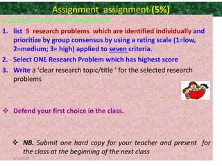 82
Assignment assignment (5%)
GUIDELINES FOR THE ASSIGNEMTN
1. list 5 research problems which are identified individually and
prioritize by group consensus by using a rating scale (1=low,
2=medium; 3= high) applied to seven criteria.
2. Select ONE Research Problem which has highest score
3. Write a ‘clear research topic/title ’ for the selected research
problems
 Defend your first choice in the class.
 NB. Submit one hard copy for your teacher and present for
the class at the beginning of the next class
4/19/2024
 