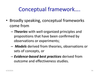 Conceptual framework….
• Broadly speaking, conceptual frameworks
come from
– Theories with well-organized principles and
propositions that have been conﬁrmed by
observations or experiments;
– Models derived from theories, observations or
sets of concepts, or
– Evidence-based best practices derived from
outcome and effectiveness studies.
94
4/19/2024
 