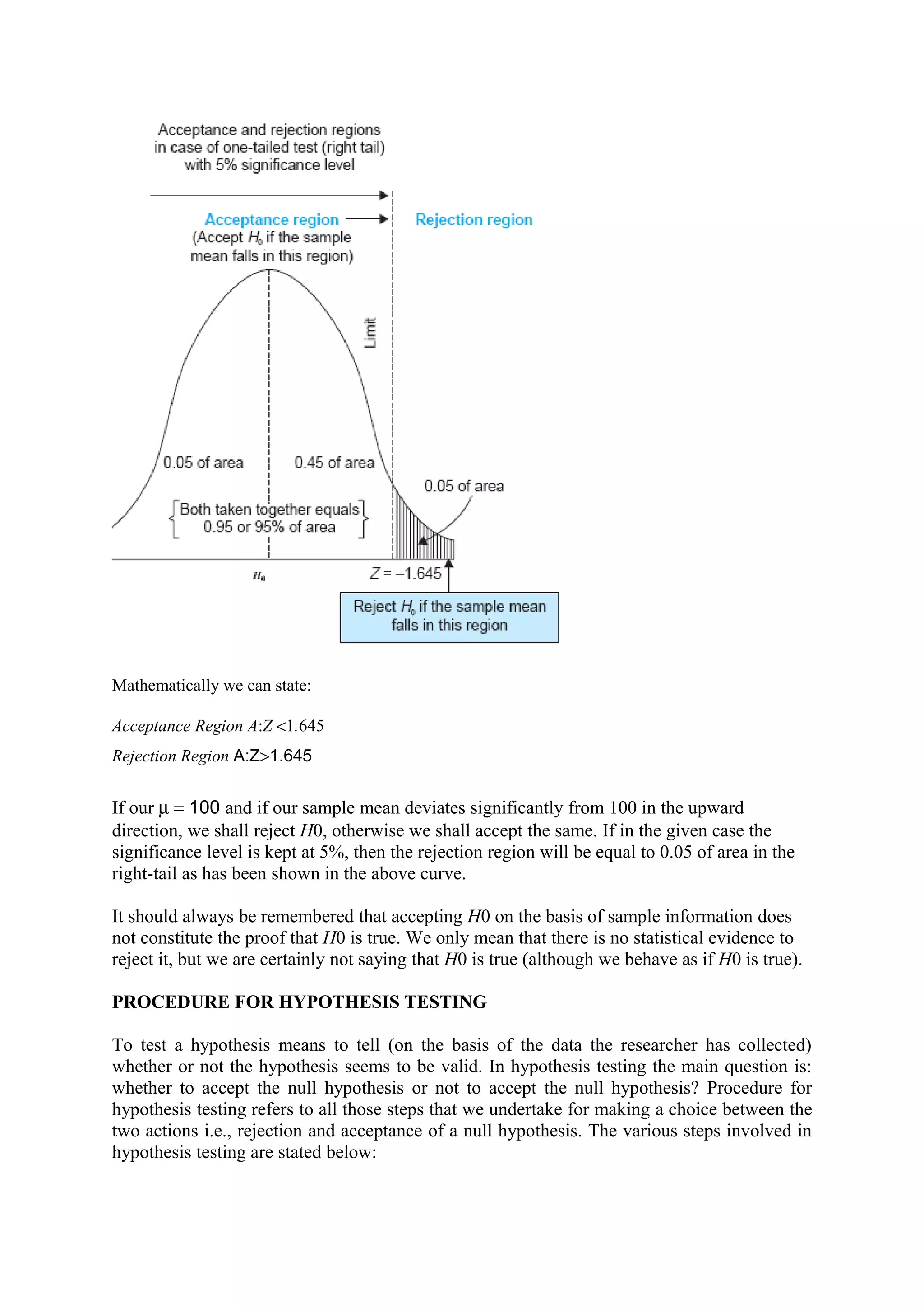 Mathematically we can state:
Acceptance Region A:Z <1.645
Rejection Region A:Z>1.645
If our µ = 100 and if our sample mean deviates significantly from 100 in the upward
direction, we shall reject H0, otherwise we shall accept the same. If in the given case the
significance level is kept at 5%, then the rejection region will be equal to 0.05 of area in the
right-tail as has been shown in the above curve.
It should always be remembered that accepting H0 on the basis of sample information does
not constitute the proof that H0 is true. We only mean that there is no statistical evidence to
reject it, but we are certainly not saying that H0 is true (although we behave as if H0 is true).
PROCEDURE FOR HYPOTHESIS TESTING
To test a hypothesis means to tell (on the basis of the data the researcher has collected)
whether or not the hypothesis seems to be valid. In hypothesis testing the main question is:
whether to accept the null hypothesis or not to accept the null hypothesis? Procedure for
hypothesis testing refers to all those steps that we undertake for making a choice between the
two actions i.e., rejection and acceptance of a null hypothesis. The various steps involved in
hypothesis testing are stated below:
 