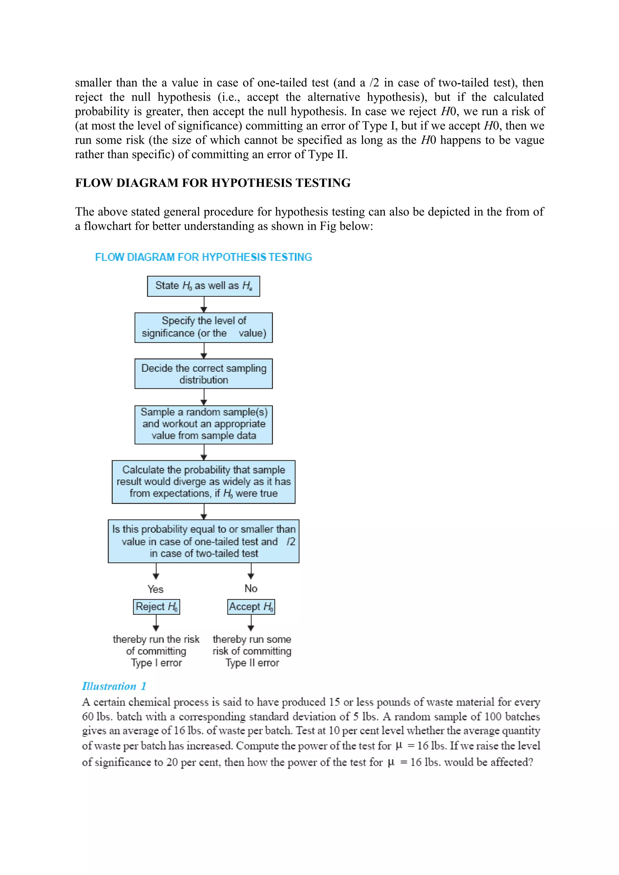 smaller than the a value in case of one-tailed test (and a /2 in case of two-tailed test), then
reject the null hypothesis (i.e., accept the alternative hypothesis), but if the calculated
probability is greater, then accept the null hypothesis. In case we reject H0, we run a risk of
(at most the level of significance) committing an error of Type I, but if we accept H0, then we
run some risk (the size of which cannot be specified as long as the H0 happens to be vague
rather than specific) of committing an error of Type II.
FLOW DIAGRAM FOR HYPOTHESIS TESTING
The above stated general procedure for hypothesis testing can also be depicted in the from of
a flowchart for better understanding as shown in Fig below:
 