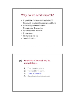 13
Why do we need research?
• To get PhDs, Masters and Bachelors??
• To provide solutions to complex problems
• To investigate laws of nature
• To make new discoveries
• To develop new products
• To save costs
• To improve our life
• Human desires
[1] Overview of research and its
methodologies
1.1: Concepts of research
1.2: The need for research
1.3: Types of research
1.4: Steps in conducting research
 