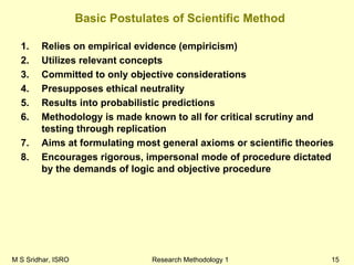 M S Sridhar, ISRO Research Methodology 1 15
Basic Postulates of Scientific Method
1. Relies on empirical evidence (empiricism)
2. Utilizes relevant concepts
3. Committed to only objective considerations
4. Presupposes ethical neutrality
5. Results into probabilistic predictions
6. Methodology is made known to all for critical scrutiny and
testing through replication
7. Aims at formulating most general axioms or scientific theories
8. Encourages rigorous, impersonal mode of procedure dictated
by the demands of logic and objective procedure
 