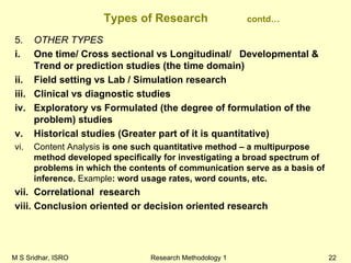 M S Sridhar, ISRO Research Methodology 1 22
Types of Research contd…
5. OTHER TYPES
i. One time/ Cross sectional vs Longitudinal/ Developmental &
Trend or prediction studies (the time domain)
ii. Field setting vs Lab / Simulation research
iii. Clinical vs diagnostic studies
iv. Exploratory vs Formulated (the degree of formulation of the
problem) studies
v. Historical studies (Greater part of it is quantitative)
vi. Content Analysis is one such quantitative method – a multipurpose
method developed specifically for investigating a broad spectrum of
problems in which the contents of communication serve as a basis of
inference. Example: word usage rates, word counts, etc.
vii. Correlational research
viii. Conclusion oriented or decision oriented research
 
