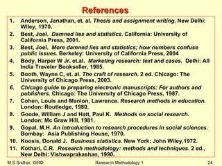 M S Sridhar, ISRO Research Methodology 1 24
1. Anderson, Janathan, et. al. Thesis and assignment writing. New Delhi:
Wiley, 1970.
2. Best, Joel. Damned lies and statistics. California: University of
California Press, 2001.
3. Best, Joel. More damned lies and statistics; how numbers confuse
public issues. Berkeley: University of California Press, 2004
4. Body, Harper W Jr. et.al. Marketing research: text and cases. Delhi: All
India Traveler Bookseller, 1985.
5. Booth, Wayne C, et. al. The craft of research. 2 ed. Chicago: The
University of Chicago Press, 2003.
6. Chicago guide to preparing electronic manuscripts: For authors and
publishers. Chicago: The University of Chicago Press, 1987.
7. Cohen, Louis and Manion, Lawrence. Research methods in education.
London: Routledge, 1980.
8. Goode, William J and Hatt, Paul K. Methods on social research.
London; Mc Graw Hill, 1981.
9. Gopal, M.H. An introduction to research procedures in social sciences.
Bombay: Asia Publishing House, 1970.
10. Koosis, Donald J. Business statistics. New York: John Wiley,1972.
11. Kothari, C.R. Research methodology: methods and techniques. 2 ed.,
New Delhi: Vishwaprakashan, 1990.
ReferencesReferences
 
