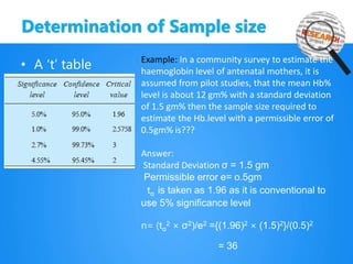 Determination of Sample size
• A ‘t’ table Example: In a community survey to estimate the
haemoglobin level of antenatal mothers, it is
assumed from pilot studies, that the mean Hb%
level is about 12 gm% with a standard deviation
of 1.5 gm% then the sample size required to
estimate the Hb.level with a permissible error of
0.5gm% is???
Answer:
Standard Deviation σ = 1.5 gm
Permissible error e= o.5gm
tα is taken as 1.96 as it is conventional to
use 5% significance level
n= (tα
2 × σ2)/e2 ={(1.96)2 × (1.5)2}/(0.5)2
= 36
 