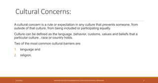 Cultural Concerns:
A cultural concern is a rule or expectation in any culture that prevents someone, from
outside of that culture, from being included or participating equally.
Culture can be defined as the language ,behavior, customs, values and beliefs that a
particular culture , race or country holds.
Two of the most common cultural barriers are
1. language and
2. religion.
10/12/2021 SANJIVANI COLLEGE OF PHARMACEUTICAL EDUCATION & RESEARCH, KOPARGAON 3
 