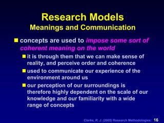 Clarke, R. J. (2005) Research Methodologies: 16
Research Models
Meanings and Communication
concepts are used to impose some sort of
coherent meaning on the world
it is through them that we can make sense of
reality, and perceive order and coherence
used to communicate our experience of the
environment around us
our perception of our surroundings is
therefore highly dependent on the scale of our
knowledge and our familiarity with a wide
range of concepts
 