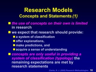 Clarke, R. J. (2005) Research Methodologies: 18
Research Models
Concepts and Statements (1)
the use of concepts on their own is limited
in research
we expect that research should provide:
a system of classification
offer explanations,
make predictions, and
acquire a sense of understanding
concepts are only useful in providing a
system of classification (typology) the
remaining expectations are met by
research statements
 
