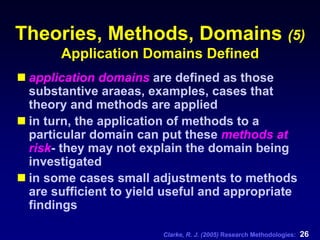 Clarke, R. J. (2005) Research Methodologies: 26
Theories, Methods, Domains (5)
Application Domains Defined
application domains are defined as those
substantive araeas, examples, cases that
theory and methods are applied
in turn, the application of methods to a
particular domain can put these methods at
risk- they may not explain the domain being
investigated
in some cases small adjustments to methods
are sufficient to yield useful and appropriate
findings
 