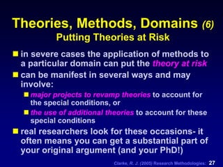 Clarke, R. J. (2005) Research Methodologies: 27
Theories, Methods, Domains (6)
Putting Theories at Risk
in severe cases the application of methods to
a particular domain can put the theory at risk
can be manifest in several ways and may
involve:
major projects to revamp theories to account for
the special conditions, or
the use of additional theories to account for these
special conditions
real researchers look for these occasions- it
often means you can get a substantial part of
your original argument (and your PhD!)
 
