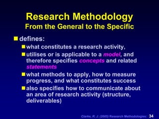 Clarke, R. J. (2005) Research Methodologies: 34
Research Methodology
From the General to the Specific
defines:
what constitutes a research activity,
utilises or is applicable to a model, and
therefore specifies concepts and related
statements
what methods to apply, how to measure
progress, and what constitutes success
also specifies how to communicate about
an area of research activity (structure,
deliverables)
 
