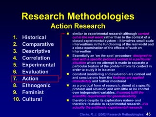 Clarke, R. J. (2005) Research Methodologies: 45
Research Methodologies
Action Research
1. Historical
2. Comparative
3. Descriptive
4. Correlation
5. Experimental
6. Evaluation
7. Action
8. Ethnogenic
9. Feminist
10. Cultural
similar to experimental research although carried
out in the real world rather than in the context of a
closed experimental system – it involves small scale
interventions in the functioning of the real world and
a close examination of the effects of such an
intervention
Essentially an ‘on the spot’ procedure- designed to
deal with a specific problem evident in a particular
situation where no attempt is made to separate a
particular feature of the problem from its context in
order to study it in isolation
constant monitoring and evaluation are carried out
and conclusions from the findings are applied
immediately and further monitored
as a practical form of research, aimed at a specific
problem and situation and with little or no control
over independent variables, it cannot fulfil the
scientific requirement for generalisability
therefore despite its exploratory nature- and
therefore relatable to experimental research- it is
actually the antithesis experimental research
 