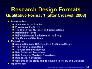 Clarke, R. J. (2005) Research Methodologies: 56
Research Design Formats
Qualitative Format 1 (after Creswell 2003)
Introduction
Statement of the Problem
Purposes of the Study
The Grand Tour Question and Subquestions
Definition of Terms
Delimitations and Limitations of the Study
Significance of the Study
Procedure
Assumptions and Rationale for a Qualitative Design
The Type of Design Used
The Role of the Researcher
Data Collection Procedures
Data Reduction/Analysis Procedures
Methods for Verification
Outcome of the Study and its Relation to Theory and Literature
Appendices
 