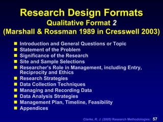 Clarke, R. J. (2005) Research Methodologies: 57
Research Design Formats
Qualitative Format 2
(Marshall & Rossman 1989 in Cresswell 2003)
Introduction and General Questions or Topic
Statement of the Problem
Significance of the Research
Site and Sample Selections
Researcher’s Role in Management, including Entry,
Reciprocity and Ethics
Research Strategies
Data Collection Techniques
Managing and Recording Data
Data Analysis Strategies
Management Plan, Timeline, Feasibility
Appendices
 