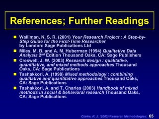 Clarke, R. J. (2005) Research Methodologies: 65
References; Further Readings
Walliman, N. S. R. (2001) Your Research Project : A Step-by-
Step Guide for the First-Time Researcher
by London: Sage Publications Ltd
Miles, M. B. and A. M. Huberman (1994) Qualitative Data
Analysis 2nd Edition Thousand Oaks, CA: Sage Publishers
Creswell, J. W. (2003) Research design : qualitative,
quantitative, and mixed methods approaches Thousand
Oaks, CA: Sage Publications
Tashakkori, A. (1998) Mixed methodology : combining
qualitative and quantitative approaches Thousand Oaks,
CA: Sage Publications
Tashakkori, A. and T. Charles (2003) Handbook of mixed
methods in social & behavioral research Thousand Oaks,
CA: Sage Publications
 