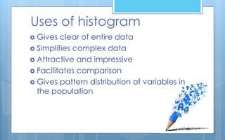 Uses of histogram
 Gives clear of entire data
 Simplifies complex data
 Attractive and impressive
 Facilitates comparison
 Gives pattern distribution of variables in
the population
 