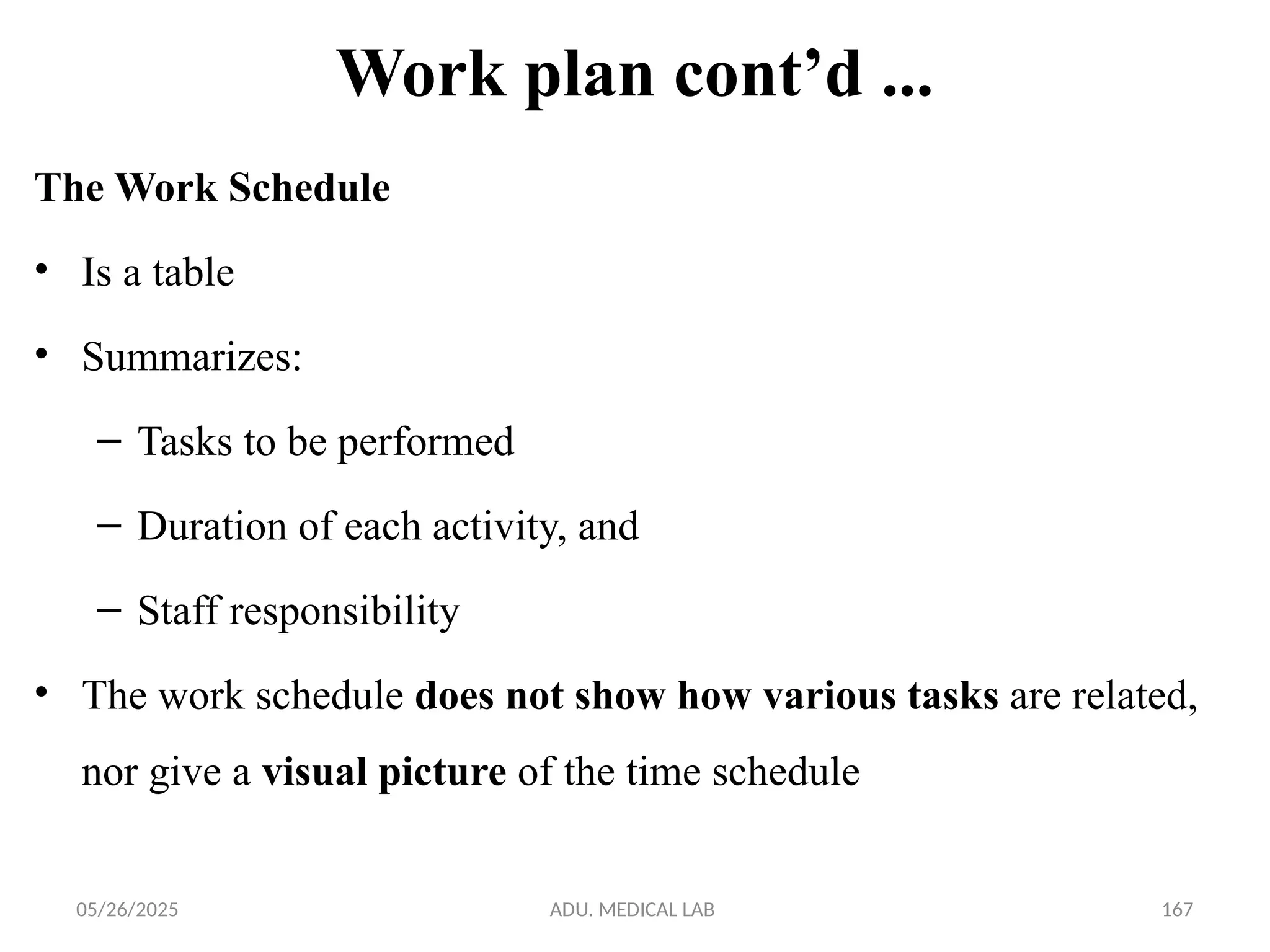 05/26/2025 ADU. MEDICAL LAB 167
Work plan cont’d ...
The Work Schedule
• Is a table
• Summarizes:
– Tasks to be performed
– Duration of each activity, and
– Staff responsibility
• The work schedule does not show how various tasks are related,
nor give a visual picture of the time schedule
 