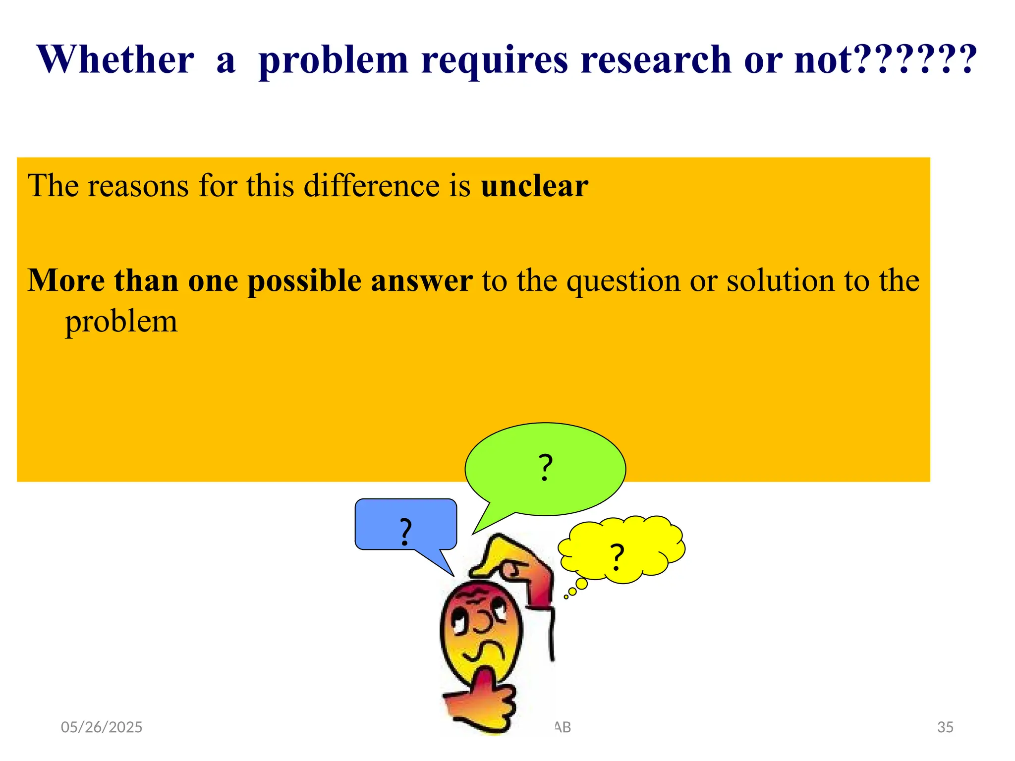 05/26/2025 ADU. MEDICAL LAB 35
The reasons for this difference is unclear
More than one possible answer to the question or solution to the
problem
Whether a problem requires research or not??????
?
?
?
 