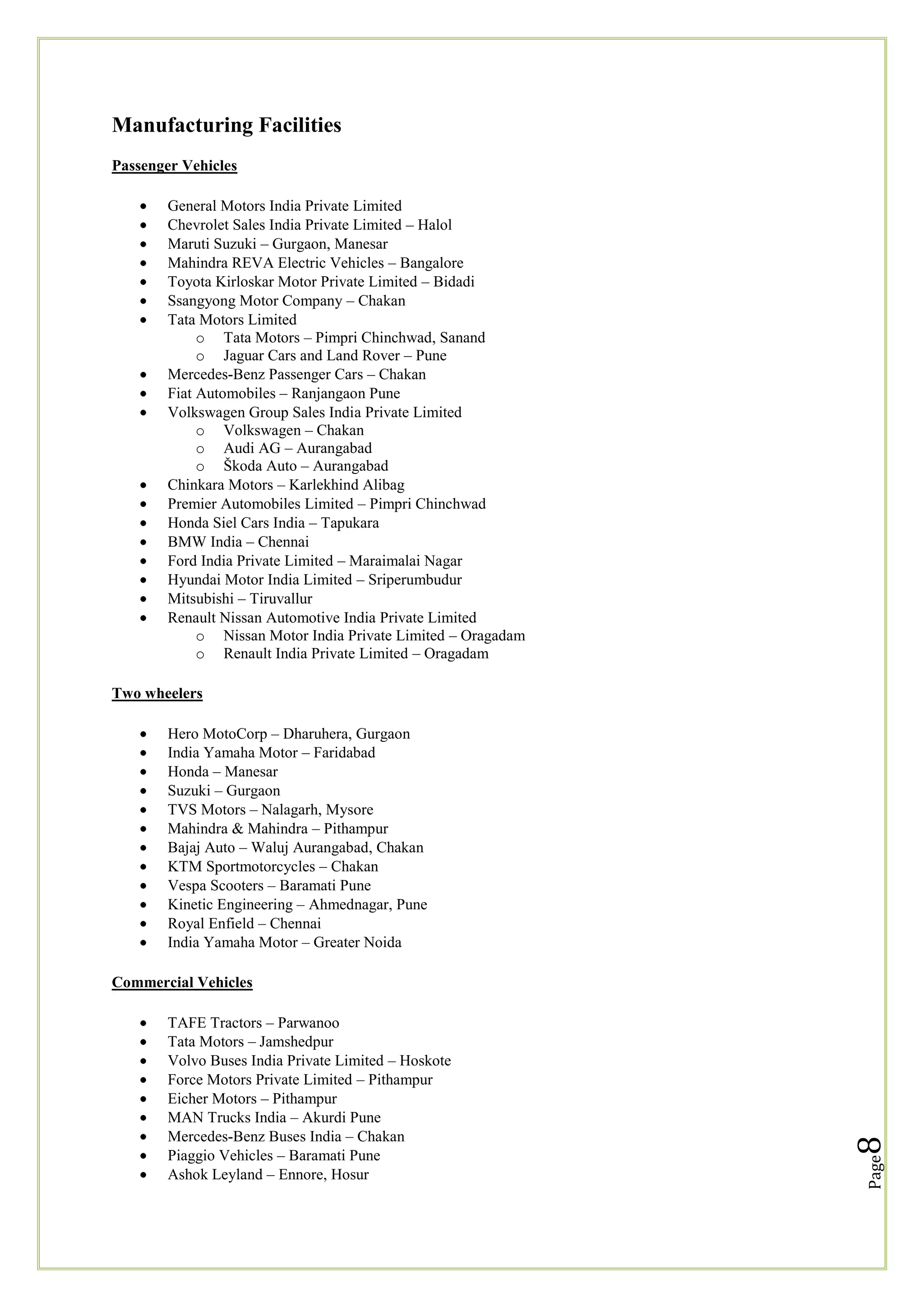 Manufacturing Facilities
Passenger Vehicles
General Motors India Private Limited
Chevrolet Sales India Private Limited – Halol
Maruti Suzuki – Gurgaon, Manesar
Mahindra REVA Electric Vehicles – Bangalore
Toyota Kirloskar Motor Private Limited – Bidadi
Ssangyong Motor Company – Chakan
Tata Motors Limited
o Tata Motors – Pimpri Chinchwad, Sanand
o Jaguar Cars and Land Rover – Pune
Mercedes-Benz Passenger Cars – Chakan
Fiat Automobiles – Ranjangaon Pune
Volkswagen Group Sales India Private Limited
o Volkswagen – Chakan
o Audi AG – Aurangabad
o Škoda Auto – Aurangabad
Chinkara Motors – Karlekhind Alibag
Premier Automobiles Limited – Pimpri Chinchwad
Honda Siel Cars India – Tapukara
BMW India – Chennai
Ford India Private Limited – Maraimalai Nagar
Hyundai Motor India Limited – Sriperumbudur
Mitsubishi – Tiruvallur
Renault Nissan Automotive India Private Limited
o Nissan Motor India Private Limited – Oragadam
o Renault India Private Limited – Oragadam
Two wheelers
Hero MotoCorp – Dharuhera, Gurgaon
India Yamaha Motor – Faridabad
Honda – Manesar
Suzuki – Gurgaon
TVS Motors – Nalagarh, Mysore
Mahindra & Mahindra – Pithampur
Bajaj Auto – Waluj Aurangabad, Chakan
KTM Sportmotorcycles – Chakan
Vespa Scooters – Baramati Pune
Kinetic Engineering – Ahmednagar, Pune
Royal Enfield – Chennai
India Yamaha Motor – Greater Noida

Page

TAFE Tractors – Parwanoo
Tata Motors – Jamshedpur
Volvo Buses India Private Limited – Hoskote
Force Motors Private Limited – Pithampur
Eicher Motors – Pithampur
MAN Trucks India – Akurdi Pune
Mercedes-Benz Buses India – Chakan
Piaggio Vehicles – Baramati Pune
Ashok Leyland – Ennore, Hosur

8

Commercial Vehicles

 