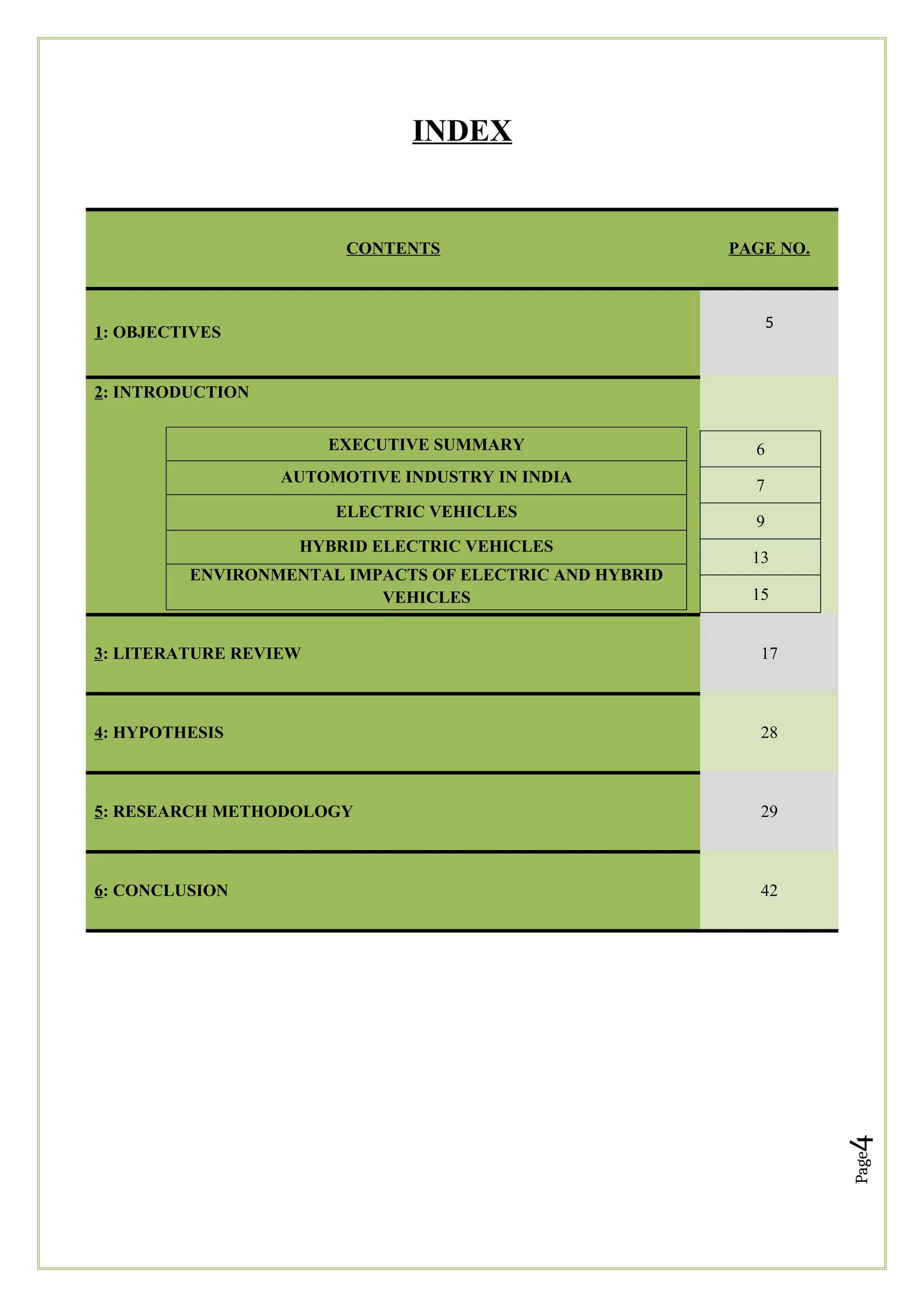 Page
4
INDEX
CONTENTS PAGE NO.
1: OBJECTIVES
5
2: INTRODUCTION
EXECUTIVE SUMMARY
AUTOMOTIVE INDUSTRY IN INDIA
ELECTRIC VEHICLES
HYBRID ELECTRIC VEHICLES
ENVIRONMENTAL IMPACTS OF ELECTRIC AND HYBRID
VEHICLES
3: LITERATURE REVIEW 17
4: HYPOTHESIS 28
5: RESEARCH METHODOLOGY 29
6: CONCLUSION 42
6
7
9
13
15
 