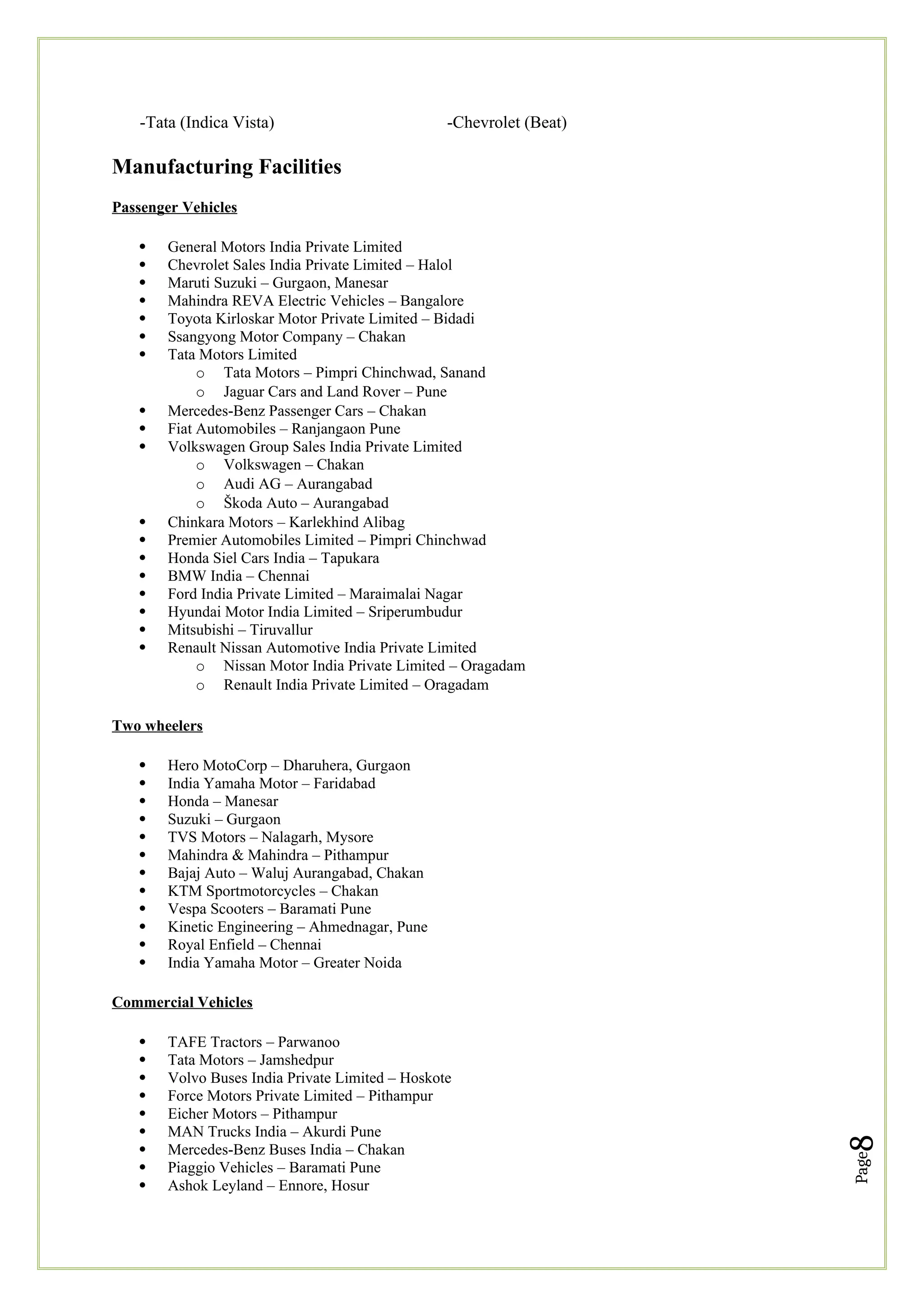Page
8
-Tata (Indica Vista) -Chevrolet (Beat)
Manufacturing Facilities
Passenger Vehicles
 General Motors India Private Limited
 Chevrolet Sales India Private Limited – Halol
 Maruti Suzuki – Gurgaon, Manesar
 Mahindra REVA Electric Vehicles – Bangalore
 Toyota Kirloskar Motor Private Limited – Bidadi
 Ssangyong Motor Company – Chakan
 Tata Motors Limited
o Tata Motors – Pimpri Chinchwad, Sanand
o Jaguar Cars and Land Rover – Pune
 Mercedes-Benz Passenger Cars – Chakan
 Fiat Automobiles – Ranjangaon Pune
 Volkswagen Group Sales India Private Limited
o Volkswagen – Chakan
o Audi AG – Aurangabad
o Škoda Auto – Aurangabad
 Chinkara Motors – Karlekhind Alibag
 Premier Automobiles Limited – Pimpri Chinchwad
 Honda Siel Cars India – Tapukara
 BMW India – Chennai
 Ford India Private Limited – Maraimalai Nagar
 Hyundai Motor India Limited – Sriperumbudur
 Mitsubishi – Tiruvallur
 Renault Nissan Automotive India Private Limited
o Nissan Motor India Private Limited – Oragadam
o Renault India Private Limited – Oragadam
Two wheelers
 Hero MotoCorp – Dharuhera, Gurgaon
 India Yamaha Motor – Faridabad
 Honda – Manesar
 Suzuki – Gurgaon
 TVS Motors – Nalagarh, Mysore
 Mahindra & Mahindra – Pithampur
 Bajaj Auto – Waluj Aurangabad, Chakan
 KTM Sportmotorcycles – Chakan
 Vespa Scooters – Baramati Pune
 Kinetic Engineering – Ahmednagar, Pune
 Royal Enfield – Chennai
 India Yamaha Motor – Greater Noida
Commercial Vehicles
 TAFE Tractors – Parwanoo
 Tata Motors – Jamshedpur
 Volvo Buses India Private Limited – Hoskote
 Force Motors Private Limited – Pithampur
 Eicher Motors – Pithampur
 MAN Trucks India – Akurdi Pune
 Mercedes-Benz Buses India – Chakan
 Piaggio Vehicles – Baramati Pune
 Ashok Leyland – Ennore, Hosur
 