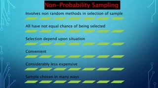 Involves non random methods in selection of sample
All have not equal chance of being selected
Selection depend upon situation
Convenient
Considerably less expensive
Sample chosen in many ways
Non-Probability Sampling
 