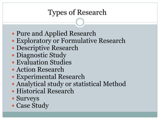 Types of Research
 Pure and Applied Research
 Exploratory or Formulative Research
 Descriptive Research
 Diagnostic Study
 Evaluation Studies
 Action Research
 Experimental Research
 Analytical study or statistical Method
 Historical Research
 Surveys
 Case Study
 
