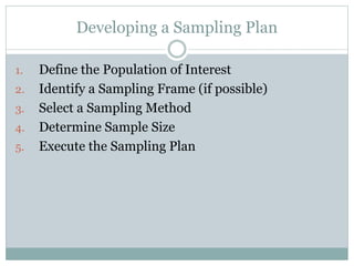 1. Define the Population of Interest
2. Identify a Sampling Frame (if possible)
3. Select a Sampling Method
4. Determine Sample Size
5. Execute the Sampling Plan
Developing a Sampling Plan
 
