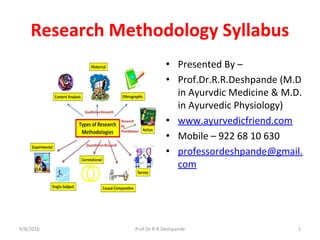 Research Methodology Syllabus
• Presented By –
• Prof.Dr.R.R.Deshpande (M.D
in Ayurvdic Medicine & M.D.
in Ayurvedic Physiology)
• www.ayurvedicfriend.com
• Mobile – 922 68 10 630
• professordeshpande@gmail.
com
9/8/2016 Prof.Dr.R.R.Deshpande 1
 