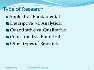 Type of Research 
Applied vs. Fundamental 
Descriptive vs. Analytical 
Quantitative vs. Qualitative 
Conceptual vs. Empirical 
Other types of Research 
14 September 2014 shiva shrestha, HSM, Hetauda 8 
 
