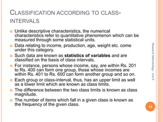 CLASSIFICATION ACCORDING TO CLASS-
INTERVALS
 Unlike descriptive characteristics, the numerical
characteristics refer to quantitative phenomenon which can be
measured through some statistical units.
 Data relating to income, production, age, weight etc. come
under this category.
 Such data are known as statistics of variables and are
classified on the basis of class intervals.
 For instance, persons whose income, say, are within Rs. 201
to Rs. 400 can form one group, those whose incomes are
within Rs. 401 to Rs. 600 can form another group and so on.
 Each group or class-interval, thus, has an upper limit as well
as a lower limit which are known as class limits.
 The difference between the two class limits is known as class
magnitude.
 The number of items which fall in a given class is known as
the frequency of the given class. 12
ResearchMethodology-Unit6
 