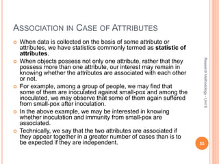 ASSOCIATION IN CASE OF ATTRIBUTES
 When data is collected on the basis of some attribute or
attributes, we have statistics commonly termed as statistic of
attributes.
 When objects possess not only one attribute, rather that they
possess more than one attribute, our interest may remain in
knowing whether the attributes are associated with each other
or not.
 For example, among a group of people, we may find that
some of them are inoculated against small-pox and among the
inoculated, we may observe that some of them again suffered
from small-pox after inoculation.
 In the above example, we may be interested in knowing
whether inoculation and immunity from small-pox are
associated.
 Technically, we say that the two attributes are associated if
they appear together in a greater number of cases than is to
be expected if they are independent. 55
ResearchMethodology-Unit6
 
