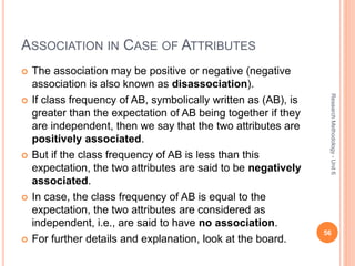 ASSOCIATION IN CASE OF ATTRIBUTES
 The association may be positive or negative (negative
association is also known as disassociation).
 If class frequency of AB, symbolically written as (AB), is
greater than the expectation of AB being together if they
are independent, then we say that the two attributes are
positively associated.
 But if the class frequency of AB is less than this
expectation, the two attributes are said to be negatively
associated.
 In case, the class frequency of AB is equal to the
expectation, the two attributes are considered as
independent, i.e., are said to have no association.
 For further details and explanation, look at the board.
56
ResearchMethodology-Unit6
 