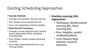 Existing Scheduling Approaches
Heuristic Methods:
• Examples: Round-Robin, Shortest Job First.
• Pros: Simple, low computational cost.
• Cons: Lack adaptability, limited scalability.
Meta-Heuristic Techniques:
• Examples: Genetic Algorithm (GA), Particle
Swarm Optimization (PSO), Simulated
Annealing (SA).
• Pros: Flexible, handle complex scheduling
scenarios.
• Cons: High computational demand, may
converge slowly.
• Machine Learning (ML)
Approaches:
• Techniques: Reinforcement
Learning (RL), Deep
Learning (DL).
• Pros: Adaptive, predict
workload patterns.
• Cons: Require large
datasets, resource-
intensive.
 