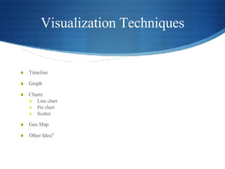 Visualization Techniques Timeline Graph Charts Line chart Pie chart Scatter Geo Map Other Idea? 