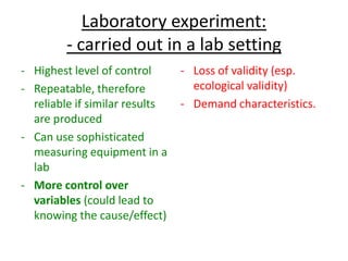 Laboratory experiment:
         - carried out in a lab setting
- Highest level of control      - Loss of validity (esp.
- Repeatable, therefore           ecological validity)
  reliable if similar results   - Demand characteristics.
  are produced
- Can use sophisticated
  measuring equipment in a
  lab
- More control over
  variables (could lead to
  knowing the cause/effect)
 