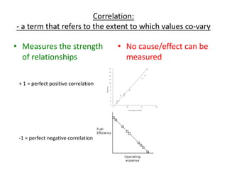 Correlation:
- a term that refers to the extent to which values co-vary

• Measures the strength               • No cause/effect can be
  of relationships                      measured

 + 1 = perfect positive correlation




 -1 = perfect negative correlation
 