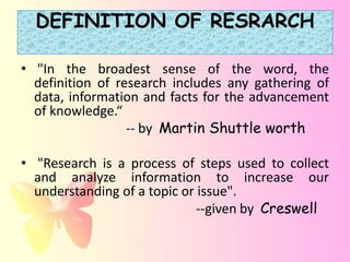 DEFINITION OF RESRARCH

• "In the broadest sense of the word, the
  definition of research includes any gathering of
  data, information and facts for the advancement
  of knowledge.“
                  -- by Martin Shuttle worth

• "Research is a process of steps used to collect
  and analyze information to increase our
  understanding of a topic or issue".
                              --given by Creswell
 