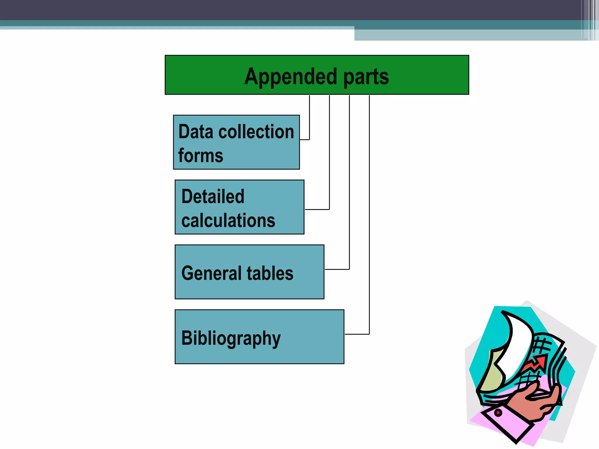 Appended parts

Data collection
forms

Detailed
calculations

General tables


Bibliography
 