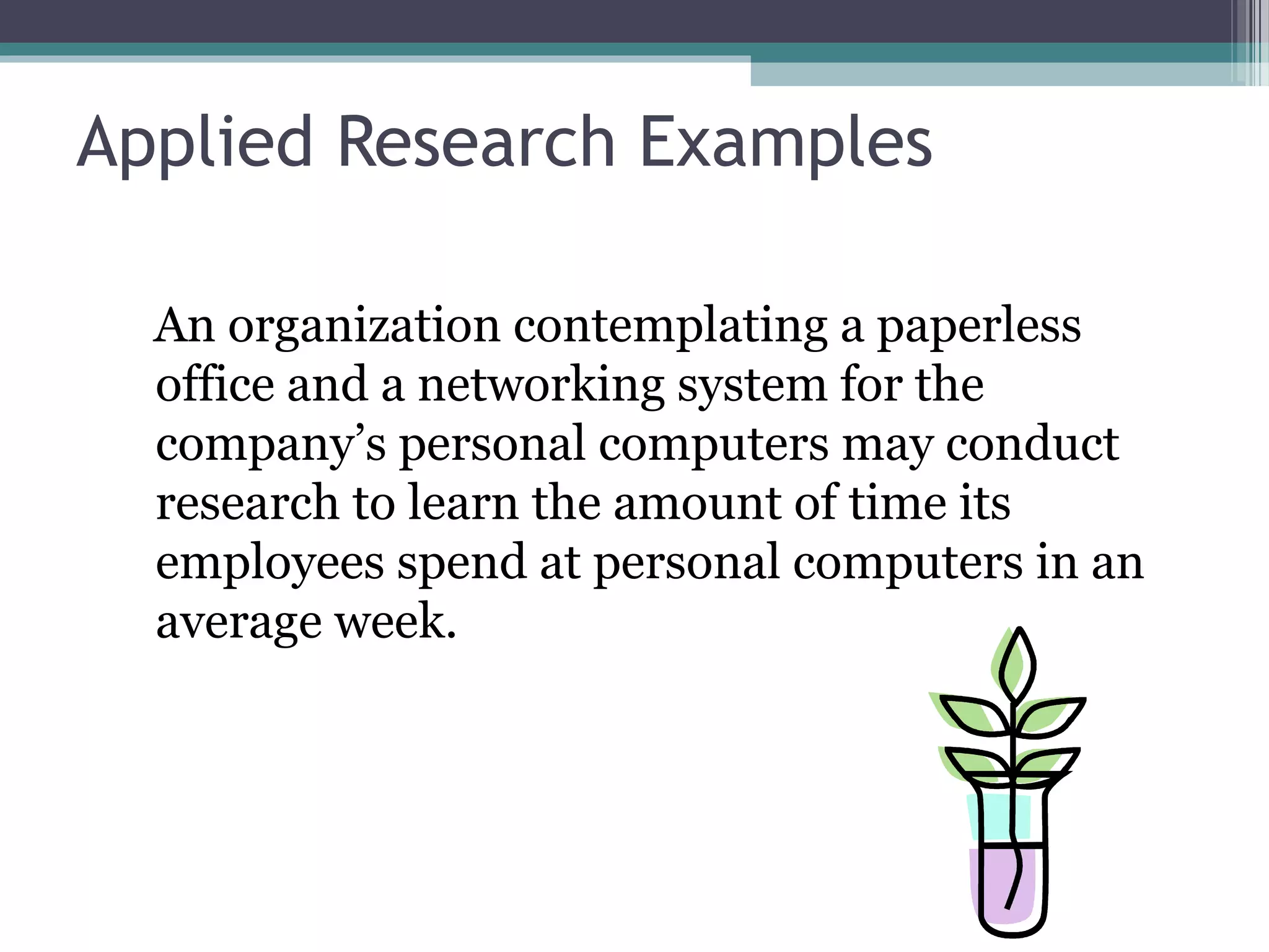 Applied Research Examples

  An organization contemplating a paperless
  office and a networking system for the
  company’s personal computers may conduct
  research to learn the amount of time its
  employees spend at personal computers in an
  average week.
 
