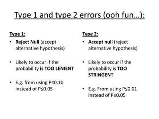Type 1 and type 2 errors (ooh fun…):
Type 1:
• Reject Null (accept
alternative hypothesis)
• Likely to occur if the
probability is TOO LENIENT
• E.g. from using P≤0.10
instead of P≤0.05
Type 2:
• Accept null (reject
alternative hypothesis)
• Likely to occur if the
probability is TOO
STRINGENT
• E.g. From using P≤0.01
instead of P≤0.05
 