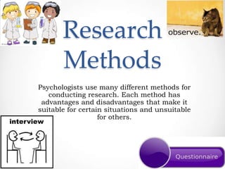 Research
Methods
Psychologists use many different methods for
conducting research. Each method has
advantages and disadvantages that make it
suitable for certain situations and unsuitable
for others.
 