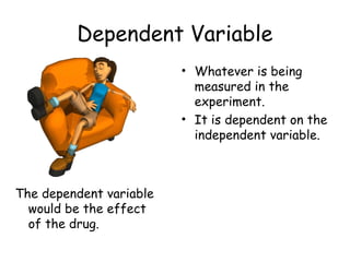 Dependent Variable
The dependent variable
would be the effect
of the drug.
• Whatever is being
measured in the
experiment.
• It is dependent on the
independent variable.
 