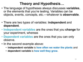 Theory and Hypothesis…
• The language of hypotheses always discusses variables,
or the elements that you’re testing. Variables can be
objects, events, concepts, etc.—whatever is observable.
• There are two types of variables: independent and
dependent.
• Independent variables are the ones that you change for
your experiment, whereas
• Dependent variables are the ones that you can only
observe.
• In the second example above:
• independent variable is how often we water the plants and
• dependent variable is how well they grow.
33
 